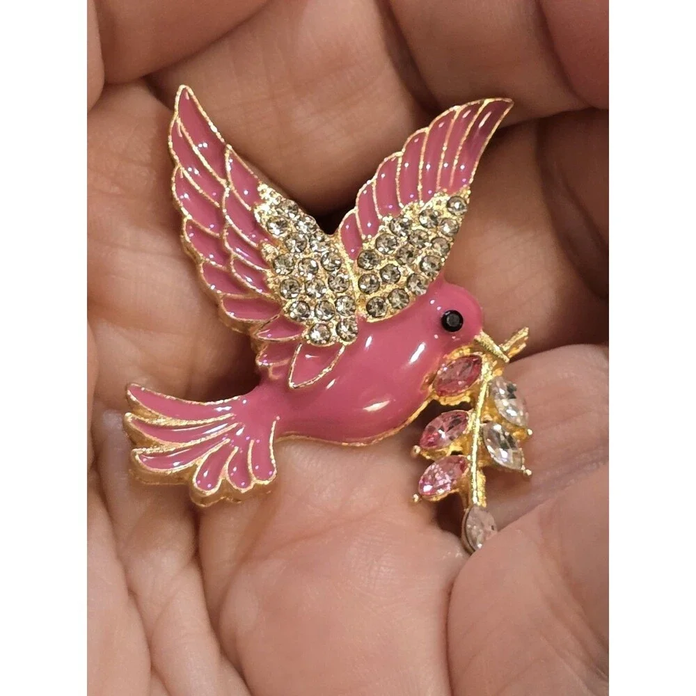 Pink Enamel Bird Brooch Rhinestone Flower Branch Gold Tone Dove Songbird Pin